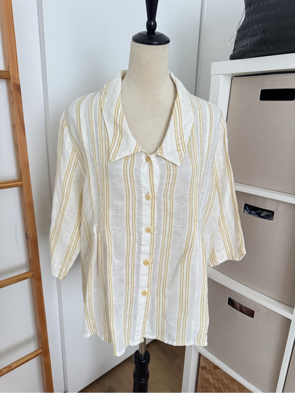 FLAX 100% Linen Striped Button Front Shirt Blouse Cream White Yellow Size M